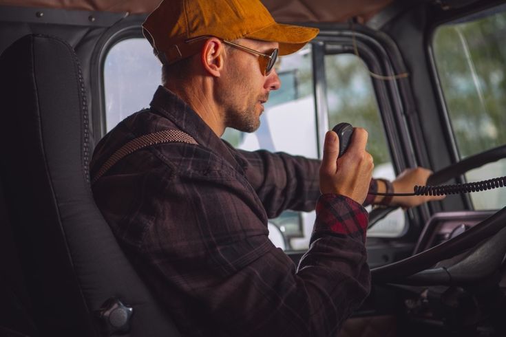 Truck driver behind the wheel talking on radio. 